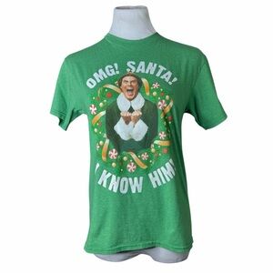 ELF Green 'OMG! Santa! I Know Him!' Graphic Christmas Tee - Size Medium